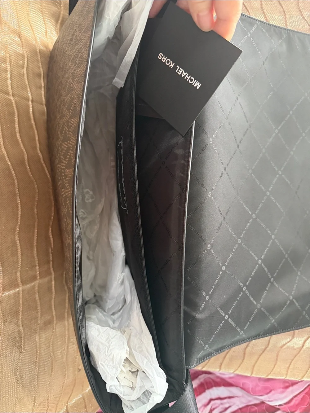 Michael Kors Brown MK Signature Canvas Messenger Bag with Black Strap